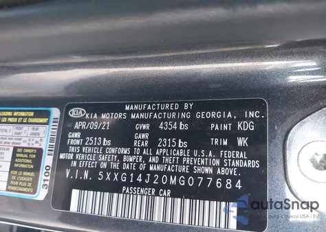 2021 Kia K5 Lxs из США, поврежденный, VIN 5XXG14J20MG077684